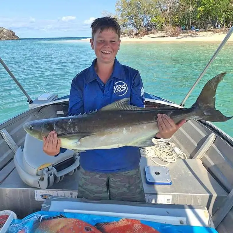 Fisher holding a queenfish on a boat, with a tropical beach visible in the background.