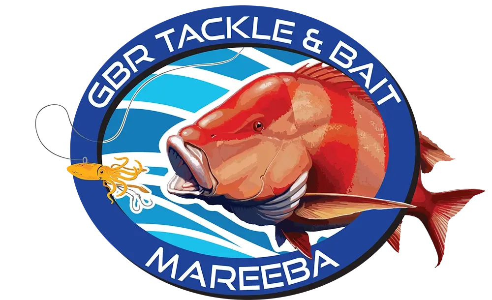 Circular version of the Great Barrier Reef Tackle & Bait logo, featuring a detailed red grouper fish with a squid on a fishing line, surrounded by a blue border with the text ‘GBR Tackle & Bait Mareeba.’ The background evokes the oceanic theme with stylised waves.